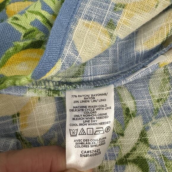 LOFT Lemon Print Tiered Swing Dress Women's Small Blue Yellow Linen Blend - Picture 7 of 13